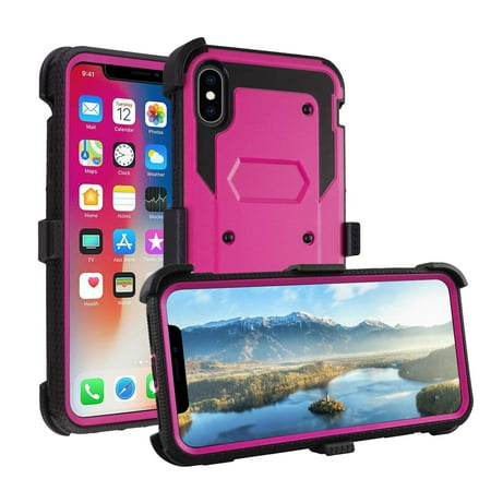 Windrew iPhone X/XS 5.8 inch 2018 case, Heavy Duty Shockproof Rugged Hybrid Housing with Rotating Belt Clip and Bracket (Red)