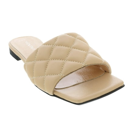Ventutto Sand Quilted Flat Slide Leather Slipper-6 for womens