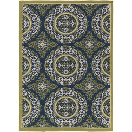 5.25' x 7.25' Moroccan Motif Navy Blue and Moss Green Area Throw Rug