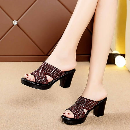 Womens New Summer Rhinestone Fish Mouth High Heels Thick Heel Sandals And Slippers
