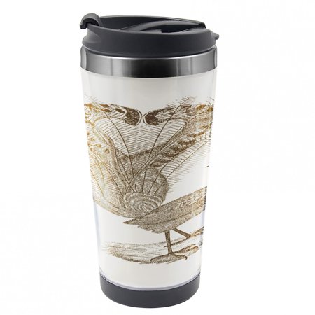 Feather Travel Mug, Hand Drawn Lyrebird Sketch, Steel Thermal Cup, 16 oz, by Ambesonne