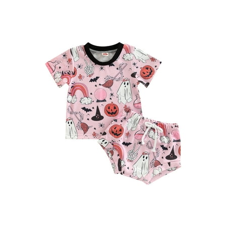 aturustex Halloween Baby Girl Pumpkin Ghost Bat Spider Print Short Sleeve T-Shirts Tops+Elastic Waist Shorts 2PCS Costumes
aturustex Halloween Baby Girl Pumpkin Ghost Bat Spider Print Short Sleeve T-Shirts Tops+Elastic Waist Shorts 2PCS Costumes