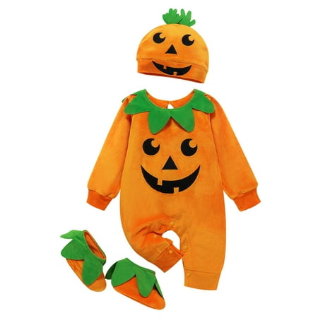 Opperiaya Baby Boy first halloween rompers Pumpkin Face Romper+Cap +Slipper Socks