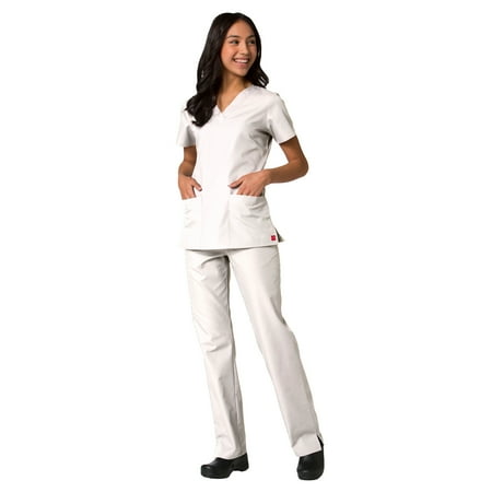 Maevn Red Panda Women s V-Neck Two Pocket Solid Top &Half Elastic Pant Scrub Set