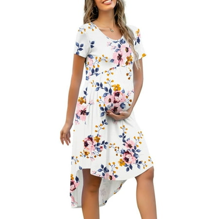 THE WILD Women Summer Casual Fashion Dress Maternity High Waist Loose Round Neck Swing Pregnancy Casual Midi Dress With Pocket