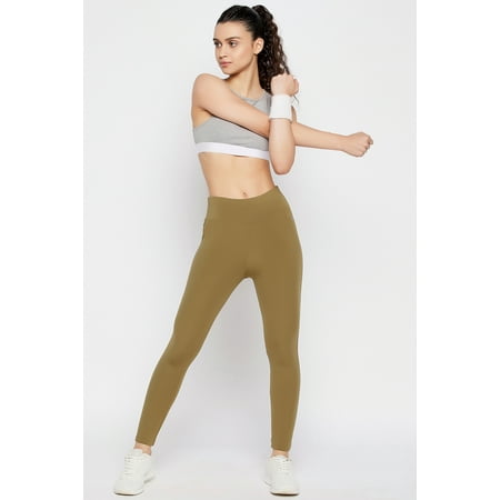 Clovia Snug Fit Active High-Rise Full-Length Tights in Olive Green