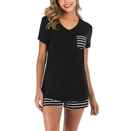 Pajamas Striped V-neck Short Sleeve Shorts 2-piece Suit Home Service Women Suits Black L
Pajamas Striped V-neck Short Sleeve Shorts 2-piece Suit Home Service Women Suits Black L