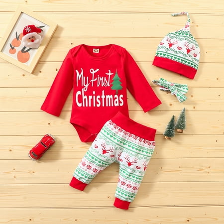Maxcozy Kids Baby Girl Christmas Romper Pants Headband Hat Clothes Outfit Set 0-3 Months