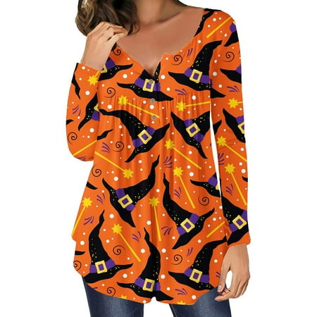 Womens Tops Halloween Print Hide Belly Tunic Cute Flowy Long Sleeve Henley Tshirt Casual Dressy Blouses for Leggings