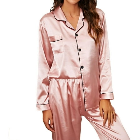 Womens Pajama Sets Contrast Binding Lapel Sleepwear Dusty Pink XXL