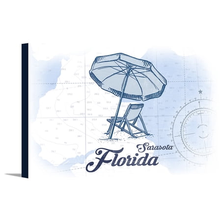 Sarasota, Florida - Beach Chair & Umbrella - Blue - Coastal Icon - Lantern Press Artwork (18x12 Gallery Wrapped Stretched Canvas)