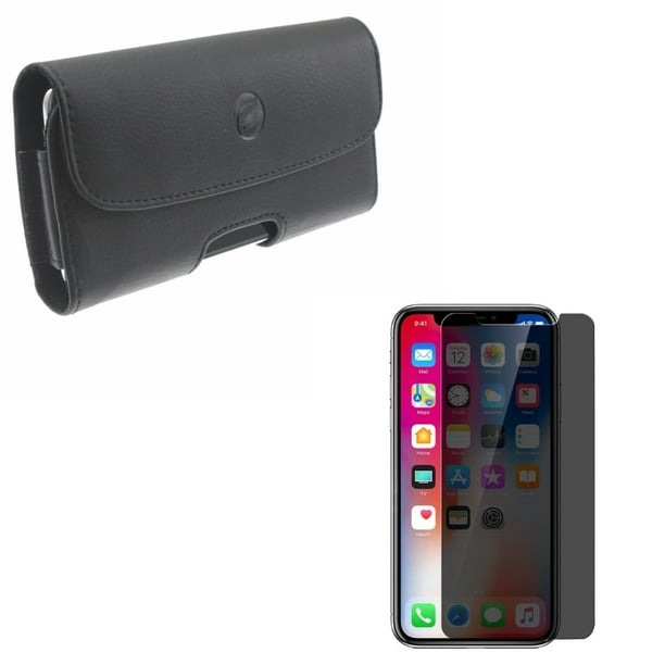 iPhone XS/X/11 Pro - Tempered Glass Privacy Screen Protector w Leather Case Belt Clip - Curved Anti-Spy Anti-Peep 3D Edge Case Friendly, Holster Cover Pouch Loops Carry for iPhone XS/X/11 Pro
