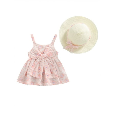 Infant Baby Girl Summer Bowknot Strap Sling Sleeveless Ruffle Floral Dress with Wide Brim Straw Hat
Infant Baby Girl Summer Bowknot Strap Sling Sleeveless Ruffle Floral Dress with Wide Brim Straw Hat