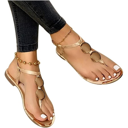 Sandals Casual Womens Summer Open Roman Buckle Flip Flops Strap Shoes Flats Toe Women s Sandals Low Heel Sandals for Women Slip on (Gold 8.5)