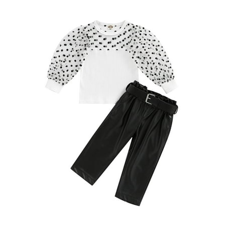 Musuos Baby Girl Dot Print Mesh Puff Long Sleeve Shirt Tops PU Leather Pants with Belt
Musuos Baby Girl Dot Print Mesh Puff Long Sleeve Shirt Tops PU Leather Pants with Belt