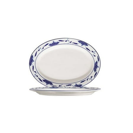 

Blue Lotus Oval Platter Rolled Edge 8-1/4 W X 5-3/4 L X 3/4 H Porcelain Bone White Blue Rim 36 packs