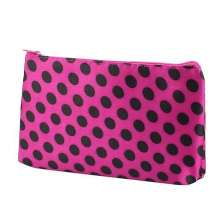Lady Women Zip Up Dotted Nylon Handbag Purse Pouch Cosmetic Bag Black Fuchsia