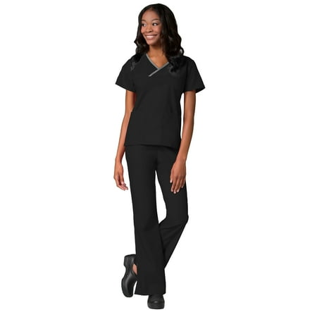 Maevn Core Women s Y-Neck Mock Wrap Top & Flare Leg Pant Scrub Set