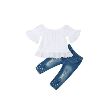 Diconna XIAXAIXU Toddler Girl Off Shoulder Top Ruffle Blouse+Ripped Jeans Bell-Bottom Pant+Headband Clothing Sets
Diconna XIAXAIXU Toddler Girl Off Shoulder Top Ruffle Blouse+Ripped Jeans Bell-Bottom Pant+Headband Clothing Sets