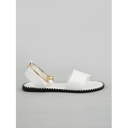 Women s PU Leather Pearl Comfy Ankle Strap Shoes Sandals White CN36(6)