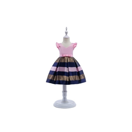 MIKRDOO Princess Dress For 3T Toddler Girls Stripe Ruffle Sleeve Sleeveless V Neck Dress Princess One Piece Party Dress 3-4 Years Pink