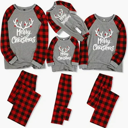 Matching Family Pajamas Sets Christmas PJ s with Letter Printed Tee and Plaid Pants Loungewear