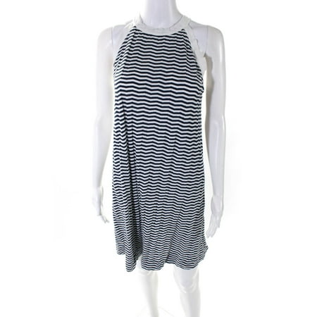 Pre-owned|Three Dots Womens Sleeveless Crew Neck Striped Mini Dress White Navy Blue Large