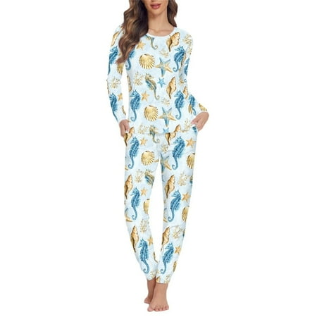 FKELYI Seashell and Seahorse Long Sleeve Pjs Leisure Pajamas for Women Long Set 2 PCS Polyester Nightwear for Women Pajama Set Size M
FKELYI Seashell and Seahorse Long Sleeve Pjs Leisure Pajamas for Women Long Set 2 PCS Polyester Nightwear for Women Pajama Set Size M