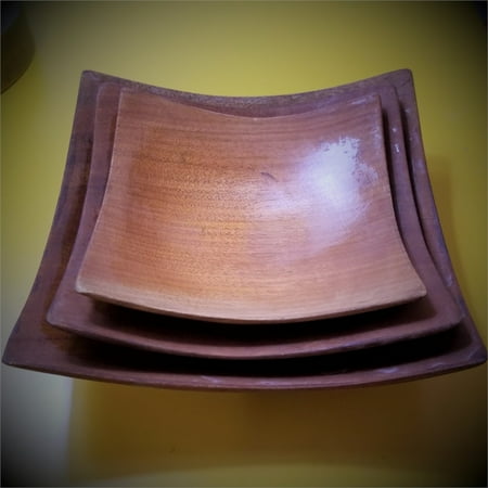 Set of 3 Square Mahogany Serving Bowls with Squared Corners from West Africa