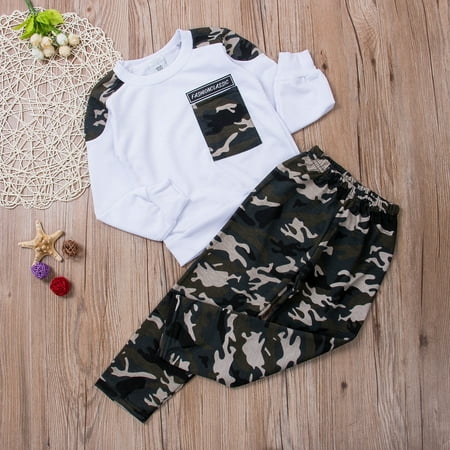 2Pcs Casual Outfit Baby Boy Long Sleeve T-Shirt Tops Camouflage Long Pants