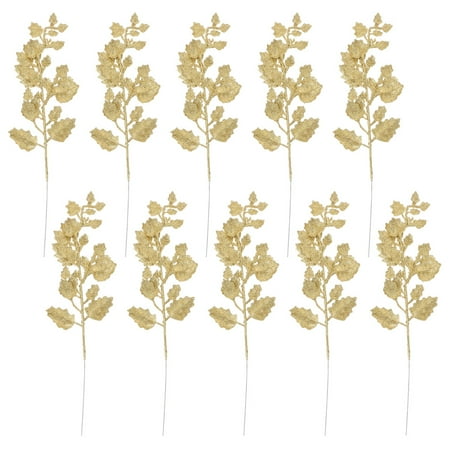 10Pcs Glitter Powder Christmas Leaves Artificial PE Leaves Xmas Home Decor