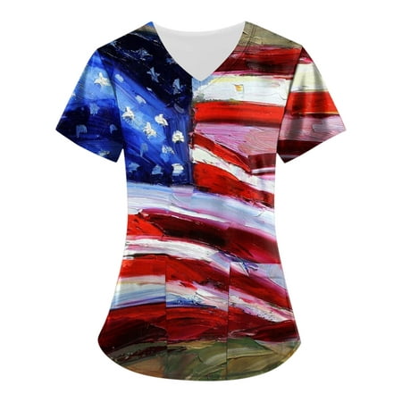 

White Scrub Tops For Women Stretch 4Th Of July Casual V-Neck Short Sleeve Top Independence Day American Flag Print Nursing Work Clothes