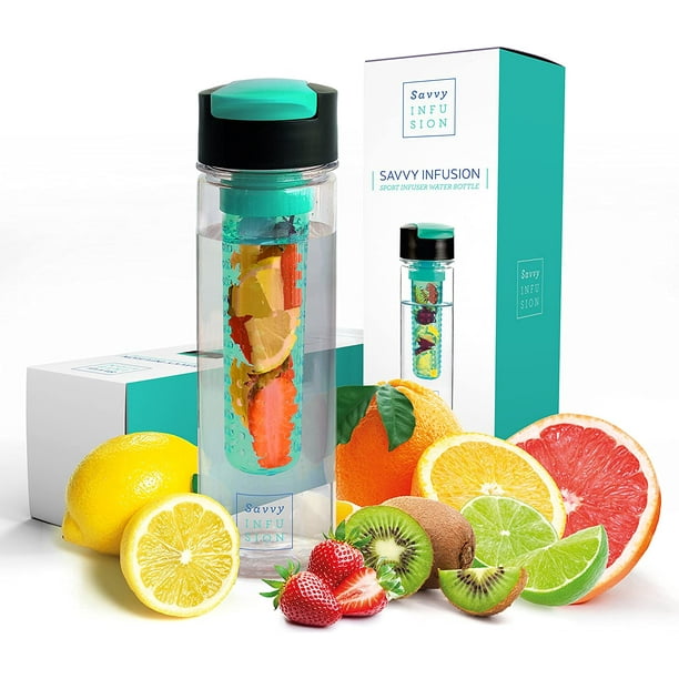 Savvy Infusion Flip Top Fruit Infuser Water Bottle - 24 Ounce - Unique Leak Proof Lid - Great Gifts for Women - Includes Bonus Infused Water Recipe eBook