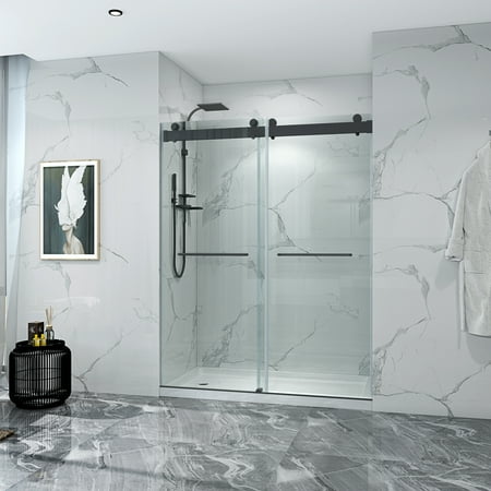 Petsdo 60*76 Double Sliding Frameless Shower Door Matte Black With Buffer