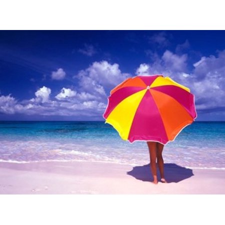 Female Holding a Colorful Beach Umbrella on Harbour Island Bahamas Stretched Canvas - Greg Johnston DanitaDelimont (24 x 18)