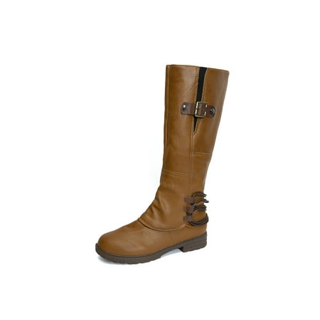 Daeful Womens Biker Boots Casual Low Heel Tall Riding Combat Boots Khaki 6.5