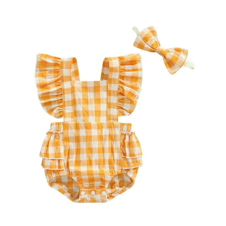 Gwiyeopda Infant Baby Girls Summer Romper Clothes Plaided Short Sleeve Jumpsuit Bodysuits