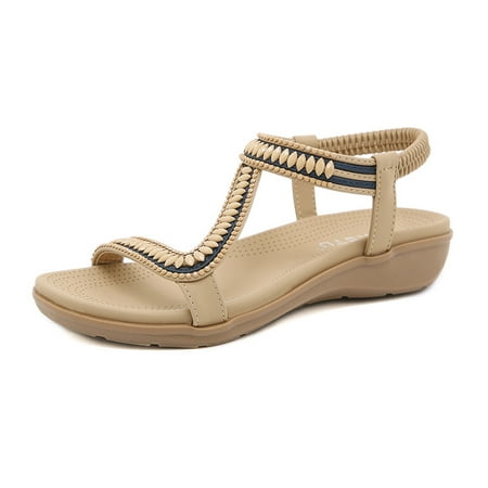 Womens Ladies mid Wedge Heel Diamante T-strap Beads Elastic Slingback Sandals