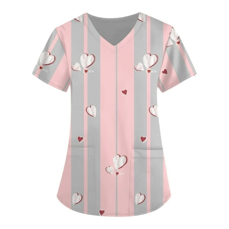 

XHJUN Womens Scrub Tops Clearance Sale Casual Valentines Day with Hearts Short Sleeve Scrub Tops Love Heart Print Light Gray M