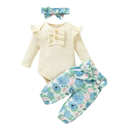 

Honeeladyy Winter Toddler Baby Girls Long Sleeve Ruffles Romper Bodysuit+Floral Pants Outfits Beige Sales