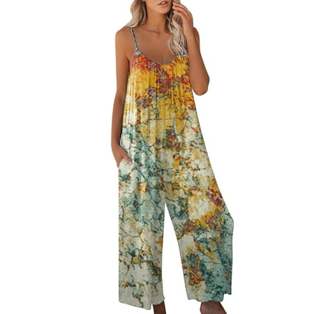 Jumpsuit for Women Casual Summer Print Adjustable Straps Flowy Loose Fit Wide Leg Long Pants Rompers with Pockets