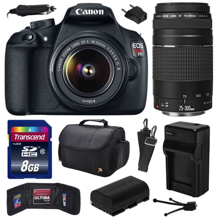 Canon EOS Rebel T5 Digital SLR Camera with EF-S 18-55mm IS II and EF 75-300mm f\/4-5.6 III Lens with 8GB Memory, Large Case, Extra Battery, Travel Charger, Memory Card Wallet, Cleaning Kit 9126B003