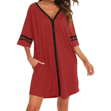 Catinbow Women Nightgown Nightshirt V-Neck Button Cardigan Casual Pajamas