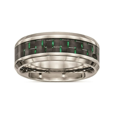 Designer Stainless Steel Polished Black/Green Carbon Fiber Inlay Ring (Width=8.00) Made In China -Jewelry By Sweet Pea Creations