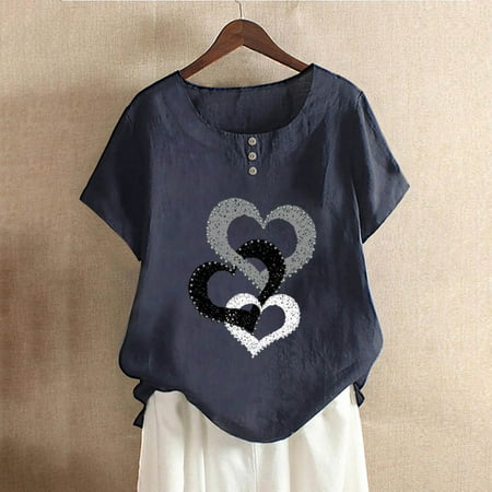 Women Summer Cotton Linen Casual Shirt Heart Print Button Loose Fit Comfy Tee Crew Neck Short Sleeve Cute Blouse