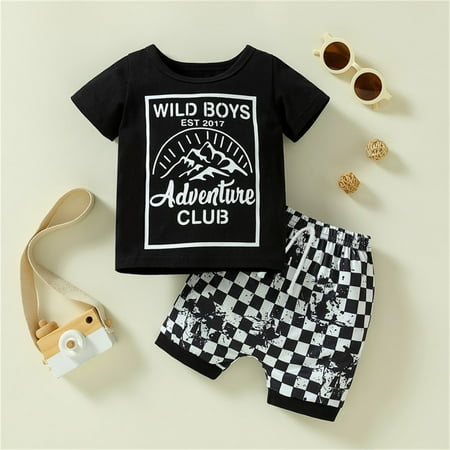 Lamuusaa Baby Boys Outfits Summer Letter Print Short Sleeve T-shirt and Casual Elastic Plaid Shorts Set