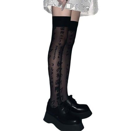 Women Punk Black Thigh High Stockings Harajuku Japanese Letter Lolita Long Socks