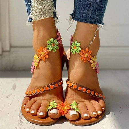 Summer Ladies Fashion Flower Breathable Printing Round Toe Flat Sandals