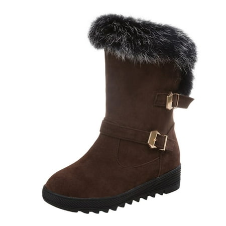 

HGWXX7 Suede Boots Fashion Warm Women s Furry Heel Belt Wedge Plus Winter Cotton Boots Buckle women s boots Fall Shoes