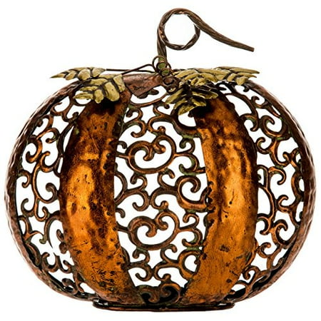 Copper Metal Pumpkin Tea Light Candle Holder, Features a gorgeous copper color, green "patina" finish, open back, interior tea light plate, and a metal stem By Everydecor